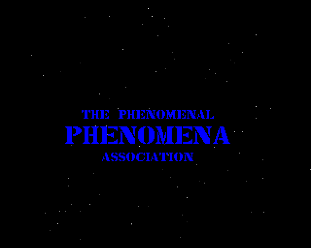 Screenshot from the 1991 Amiga demo Enigma by Phenomena. The opening scene. Text: The Phenomenal Phenomena Association
